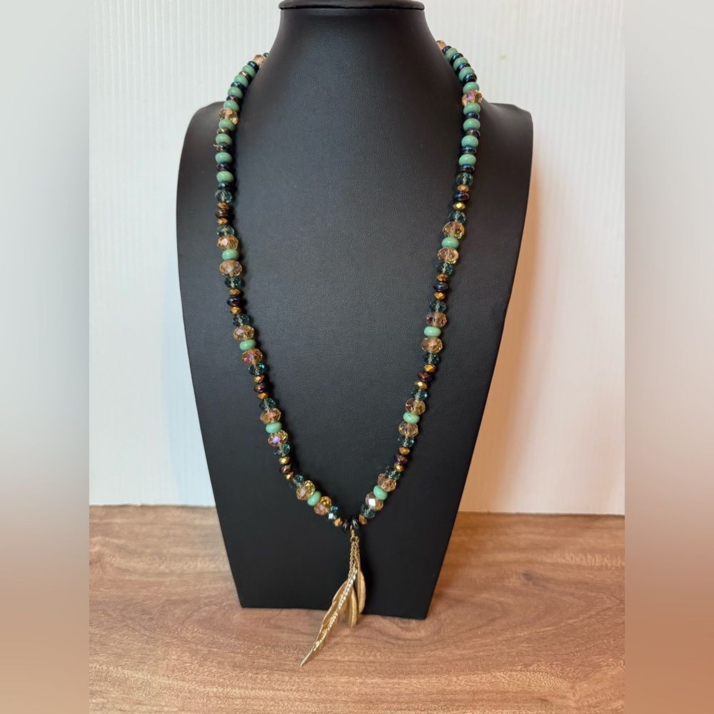 Artisan Multicolor Boho SouthwestGlass Faceted Beaded Necklace Feather Pendant